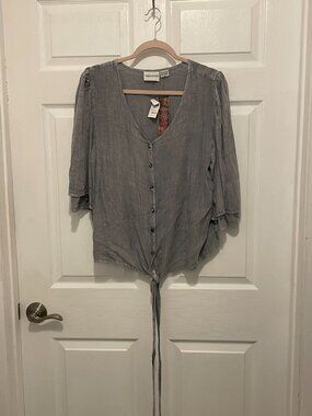 Raya Sun Blue Embroidered Flutter Sleeve Tie Front Blouse Large